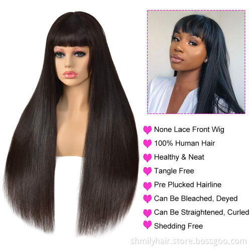 Dropshipping Wholesale Remy Brazilian Straight Full Machine Made Wig With Bangs Natural Color No Lace Human Hair Wigs For Women